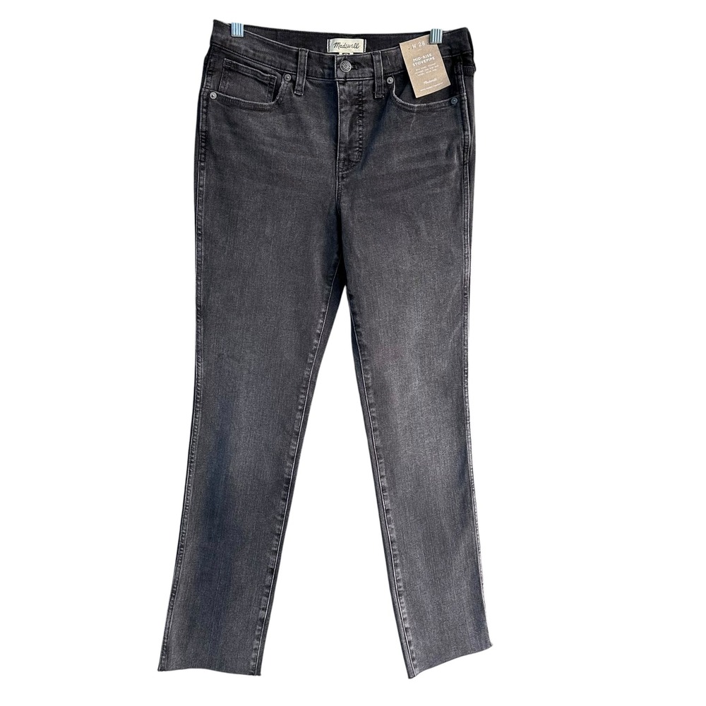 Madewell Mid-Rise Stovepipe Jeans Washed Black Raw Hem Magic Pockets Size 28 New